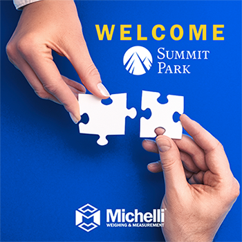 Two hands join puzzle pieces on a blue background to indicate the partnership between Michelli Weighing & Measurement and Summit Park